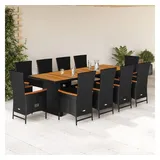 vidaXL 11-tlg. Garten-Essgruppe mit Kissen Schwarz Poly Rattan - Schwarz