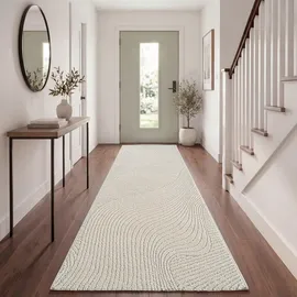 Paco Home Teppich Kurzflor Skandi Japandi Boho Abstraktes Muster 3d Uni Creme 80x250 cm,