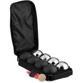 Relaxdays Boule Kugeln, 8 Metall-Kugeln, Set mit Zielkugel & Abstandsmesser, Tragetasche, Boccia Spiel, schwarz/Silber
