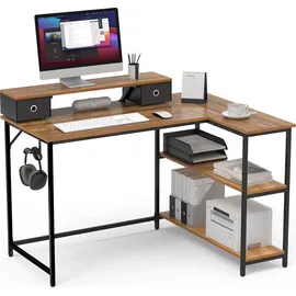 Mondeer L-Förmiger Computertisch Abnehmbare Monitorständer mit 2 Schubladen, Schreibtisch mit 2 Regalen links oder rechts 120x90x90cm, Vintage Braun