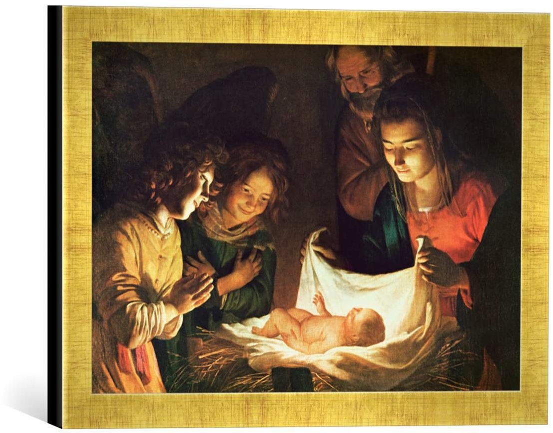 Gerahmtes Bild von Gerrit Van Honthorst Adoration of The Baby, c.1620, Kunstdruck im hochwertigen handgefertigten Bilder-Rahmen, 40x30 cm, Gold Raya