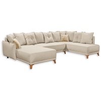 ED EXCITING DESIGN PAMPLONA U-Form, beige - Ausziehbares Sofa mit Bettfunktion, Bettkasten, Rücken- und Zierkissen, frei im Raum