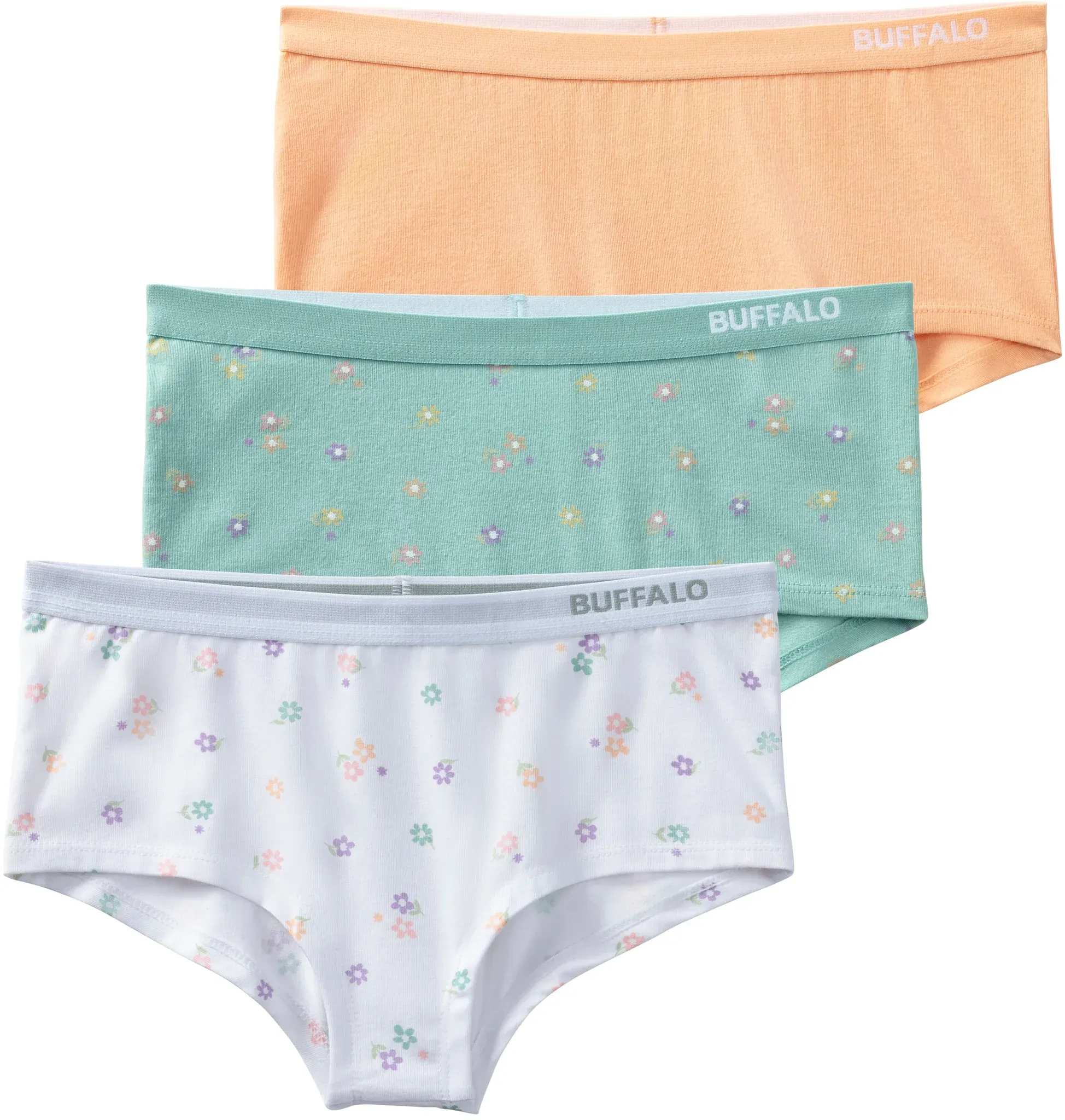 Panty BUFFALO, Mädchen, Gr. 158/164, 3 Stk., weiß (weiß, apricot, mint), Single Jersey, Obermaterial: 92% Baumwolle, 8% Elasthan, bedruckt, unifarben, körpernah, Unterhosen Panty, Uni und Blümchen-Print in einer Packung