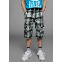 Kidsworld Shorts KIDSWORLD "2tlg. Bermudas mit Gürtel, Karierte Cargo-Bermudas", Mädchen, Gr. 170, N-Gr, bunt (anthrazit, türkis, kariert), Twill, Obermaterial: 100% Baumwolle, kariert, Basic, Hosen Shorts, mit Textilgürtel