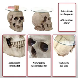 MCW Beistelltisch, Totenkopf MCW-A19, Glastisch Wohnzimmertisch Couchtisch Totenschädel, Polyresin rund Ø55cm natur