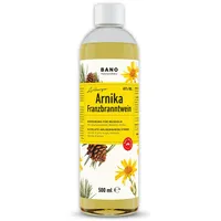 BANO Tiroler Arnika Franzbranntwein 500ml, Ideal vor und nach Sport, sowie bei Muskelkater, zum Kühlen schwerer Beine, enthält 65% vol. Alkohol, Latschenkieferöl, Menthol und Arnikaextrakt