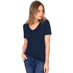 T-Shirt TRIGEMA "TRIGEMA V-Shirt aus Baumwolle/Elastan", Damen, Gr. S, blau (navy), 95% Baumwolle, 5% Elastan, Basic, Kurzarm, Shirts