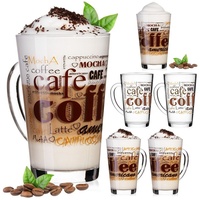 PLATINUX Latte-Macchiato-Glas Kaffeegläser mit Kaffee-Motiv, Glas, mit Kaffeeaufdruck Set 6-Teilig 300ml aus Glas Latte Macchiato Gläser