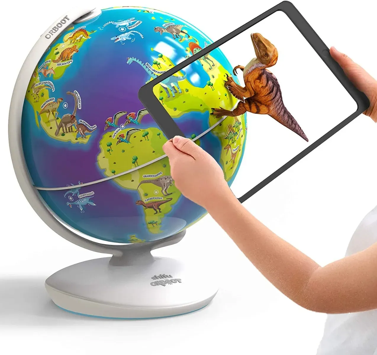 Interaktiver AR-Globus Ø 24,5 cm mit Dinosauriern, bunt, Kunststoff - playshifu Orboot - AR-App, über 50 Dinos, 6 Sprachen