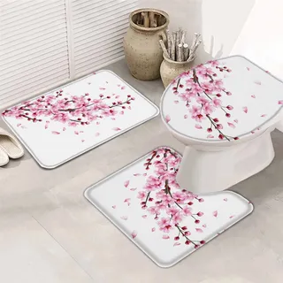 3 Teiliges Badteppich Set Ombre-Blume, Rosa, Weiße Kirschblüten, Baum, Frühling Dekorative Contour Badteppich Anti-Rutsch Wc-Deckelbezug Badteppich