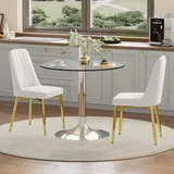 MODFU Esszimmerstuhl Set,2er-Set Weiß Küchenstuhl und Transparenter Glastisch,Esstisch 85 cm mit silbernen Metallbasis,Esszimmerstuhl mit 4 golde... - Weiß