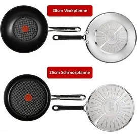 Tefal E76 Pfannenset, + 28cm Wok | Antihaft-Beschichtung, Glasdeckel, - Schwarz/Silber