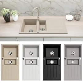 faizee home Granitspüle 2 Becken rechts Einbauspüle beige Handbetätigung 1000 x 500 mm
