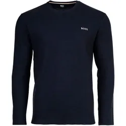 BOSS Herren Langarmshirt, Waffeloptik - Waffle Longsleeve, Langarmshirt, Rundhals, Logo, Baumwollmischung Dunkelblau L
