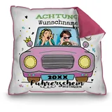 Print Royal PR Fotokissen selbst gestalten mit Foto, Name und Jahr - Personalisierte Foto-Geschenke zur bestandenen Führerscheinprüfung | inkl. Kissenfüllung, Rückseite Pink, 40x40cm