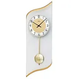 AMS Pendeluhr 7437 Wohnzimmer Wanduhr aus geschwungenem Glas Wand Glasuhr mit Metallpendel Dekouhr by AMS