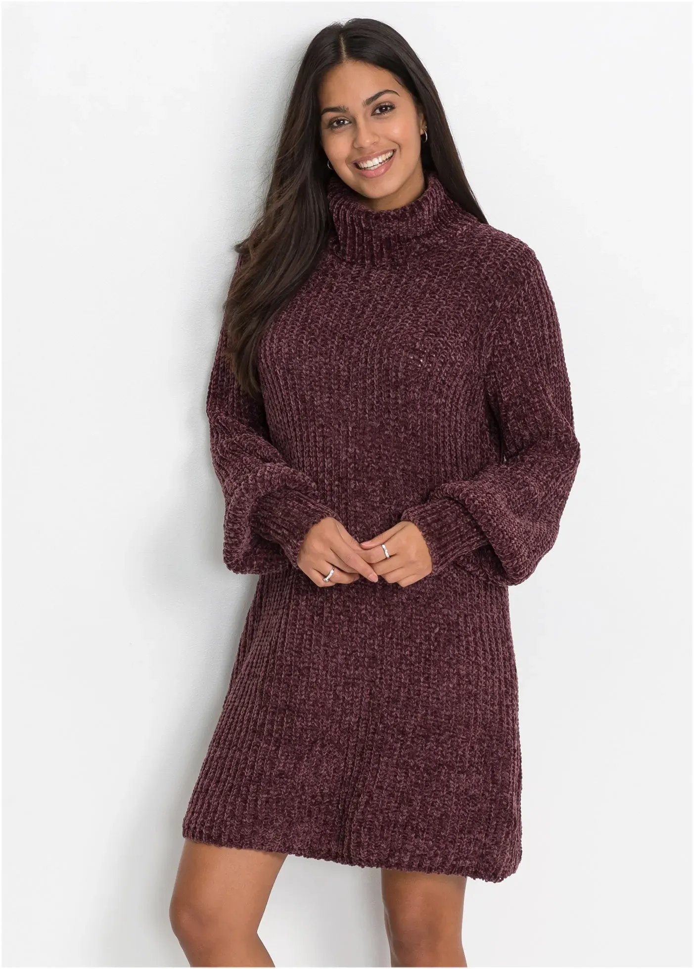 Strickkleid BONPRIX "Chenille Strickkleid aus recyceltem Polyester", Damen, Gr. 48/50 (XL), N-Gr, lila (aubergine), Obermaterial: 100% Polyester, slim fit, Kleider Strickkleid, für eleganten Look, aus Chenille-Qualität, aus recyceltem Polyester