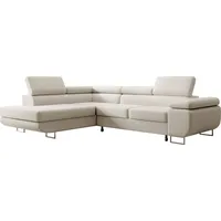 Selsey STEVIL - L-Sofa mit Schlaffunktion, Bettkasten, Ottomane links, Veloursbezug Hellbeige