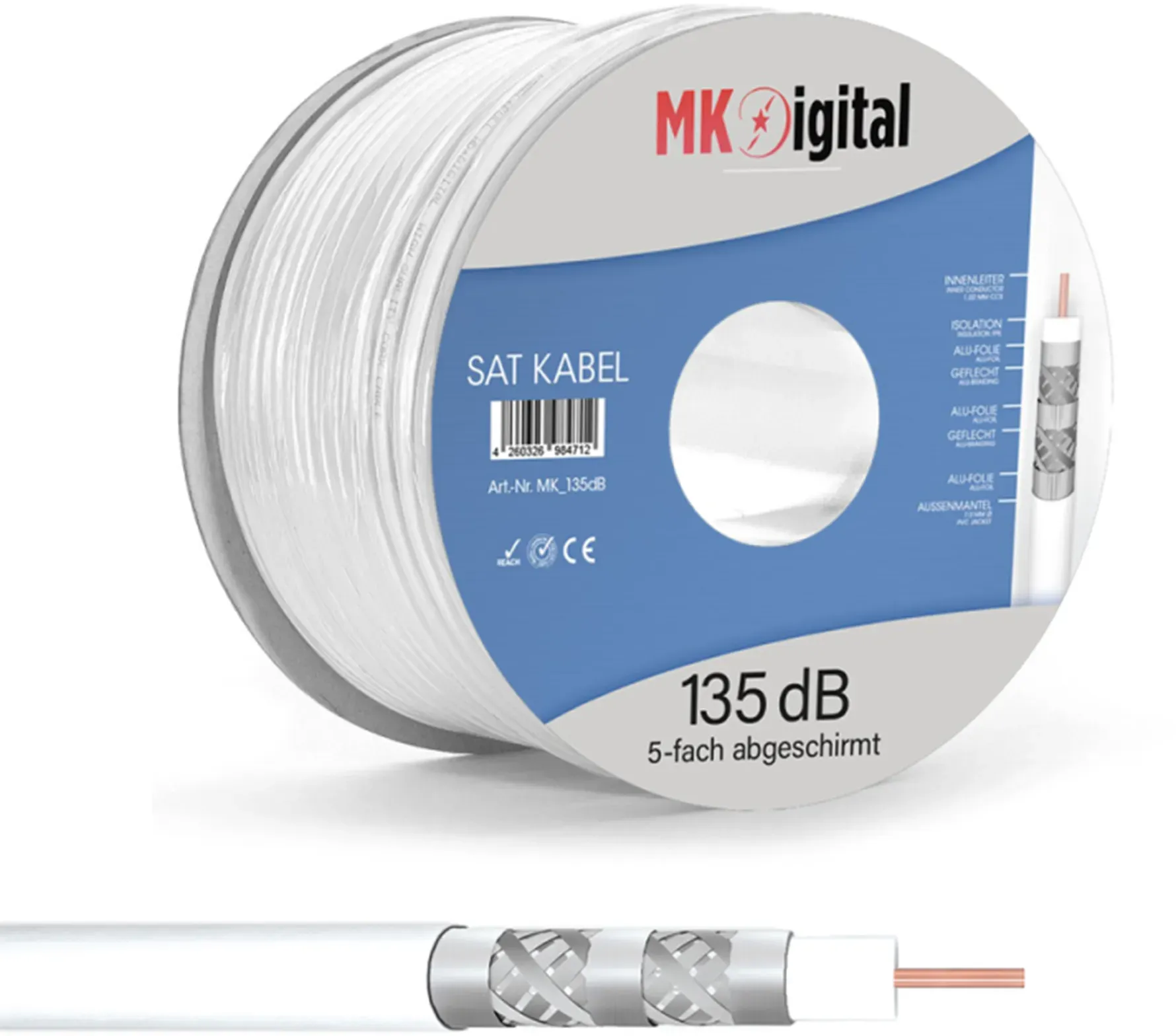 MK-Digital SAT Koaxialkabel 100m Weiß 135dB | Stahl Kupfer 7mm 5-fach geschirmt für 4K 8K UHD