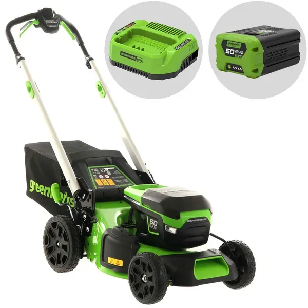 Greenworks Akku-Rasenmäher GD60LM46SP mit Radantrieb  46 cm Schnittbreite, 60V 2Ah inklusive gratis 60V 2Ah Starter-Kit