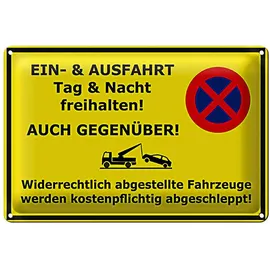 Roomando Robustes Metallschild | Ein- Ausfahrt Tag Nacht freihalten | Auch gegenüber | 40 cm x 30 cm