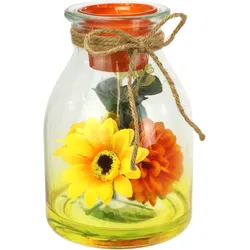 Teelichthalter I.GE.A. "Teelichthalter aus Glas mit Teelichtkerze", orange, B:12cm H:18cm, Glas, Kerzenhalter, Herbstlich dekoriert mit Sonnenblume Dahlie Eukalyptus Kerze Windlicht