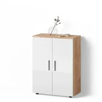 Livinity® Midischrank, Weiß Hochglanz, Eiche Wotan, 3 Fächer, Rechteckig,