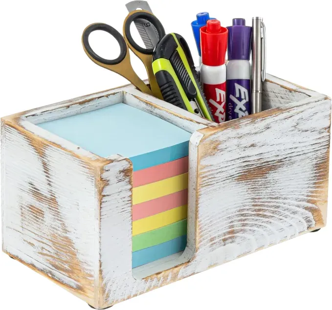 MyGift Shabby Weiß Gewaschener Massivholz Haftnotiz- und Schreibwarenhalter, Büro Desktop Aufbewahrung für Selbstklebende Notizblöcke Stift Bleistift Marker