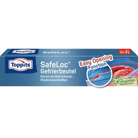 Toppits Doppelverschluss-Gefrierbeutel SafeLoc - 12 x 3L, Extra dick & reißfest, Transparent, Ideal für Lebensmittelaufbwahrung