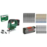 Bosch Akku Stichsäge EasySaw 18V-70 (2,0 Ah Akku, 18 Volt System, 1 Stichsägeblatt, Ladegerät AL 18V-20, im Karton) + 30tlg. Stichsägeblatt Set Basic for Wood & Metal (für Holz & Metall, Zubehör)