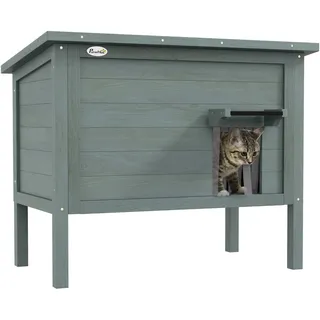 PawHut Katzenhaus aus Holz, Katzenhöhle Outdoor, Isolierte Katzenhütte mit Türvorhang