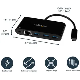 Startech USB-C Adapter to Ethernet (USB-A, 4 Ports), Dockingstation + Black