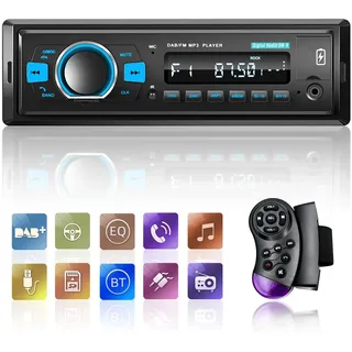 Radios DAB Autoradio 1 Din mit Bluetooth 5.0 / EQ Audio/Bluetooth Anruf/FM Radio/USB Ladefunktion/Tastenbeleuchtung/TF SD Kartenanschluss/AUX Eingang + telecomando SWC
