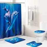 Enhome Badteppich Duschvorhang 4 Teilig, 3D Drucken Badvorleger Badezimmermatten Set mit Badematte, WC-Deckelbezug, rutschfeste Sockelteppich und Duschvorhang (50x80cm,Grauer Delphin)
