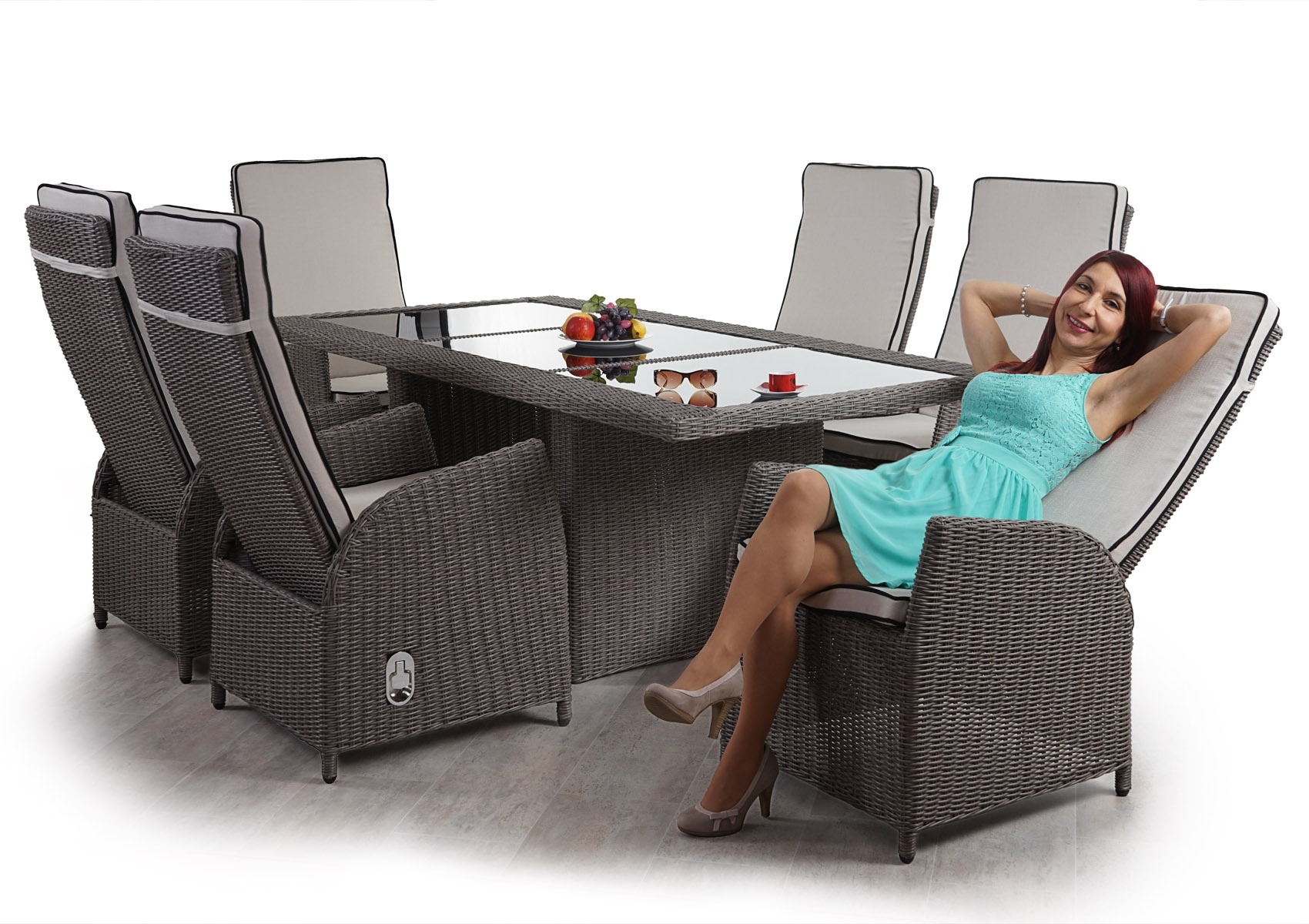 Luxus Poly-Rattan-Garnitur Badalona, Premium Lounge Set Alu-Sitzgruppe Tisch + 6 verstellbare St√ohle ~ grau
