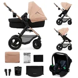 Kinderkraft MOOV2 AIR Kinderwagen 3 in 1 Kinderwagenset bis 26 kg mit Kindersitz I-SIZE 40-75 cm, Buggy Funktion, Liegeposition verstellbar, Große ausziehbare Verdeck, Aufblasbare Räder, Beige