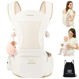 Bellababy Babytrage für Neugeborene bis Kleinkinder, Hüftsitz, 0-36 Monate, Kopfhaube, 3 Stück Zahnungspads, Taillenverlängerung, Beige