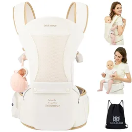 Bellababy Babytrage für Neugeborene bis Kleinkinder, Hüftsitz, 0-36 Monate, Kopfhaube, 3 Stück Zahnungspads, Taillenverlängerung, Beige