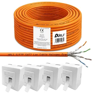 ARLI CAT 7 100m Verlegekabel Netzwerkkabel CAT.7 + 4x Cat6a Netzwerkdose LAN Halogenfrei Installationskabel S/FTP CAT7 PIMF Kabel Netzwerk Verkabelung Datenkabel AWG23/1 100 m Netzwerk Cat 6a Dose