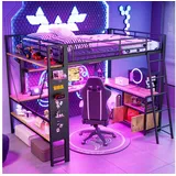 stilvora Hochbett 140 X 200 Cm Mit Led, Usb, Schreibtisch, Stauraum Und Regalen, Ohne Matratze, Aus Metall, Schwarz