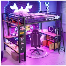stilvora Hochbett 140 X 200 Cm Mit Led, Usb, Schreibtisch, Stauraum Und Regalen, Ohne Matratze, Aus Metall, Schwarz