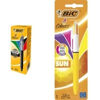 BIC Kugelschreiber 4 Colours Grip Pro mit gummierter Griff-Fläche, 12er Pack & 949898 4 Colours Sun 4-Farb-Druckkugelschreiber (1 mm Blister À) 1 Stück