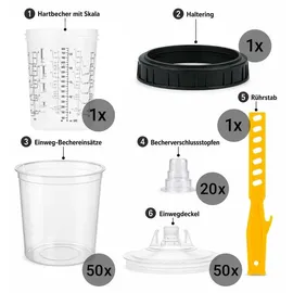 Wiltec Mischbechersystem 800ml 50x Filter 125μm Lackmischbecher Set mit Deckeln, Innenbechern und Messbecher, Farbmischbecher für Autolackierung