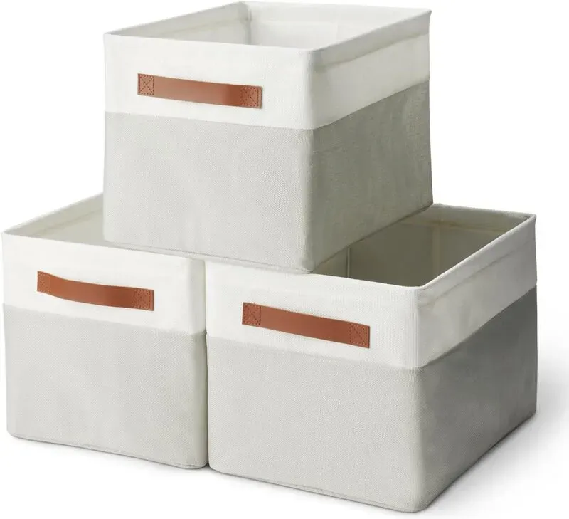 ANQI Faltbare Aufbewahrungsboxen mit Ledergriffen, Leinen, Groß, 3er-Pack