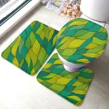FJAUOQ 3-teiliges Badezimmerteppich-Set, Motiv: Blätter, Meereswelle, rutschfest, Grün / Gelb, Badematte+Kontur+WC-Deckelbezug
