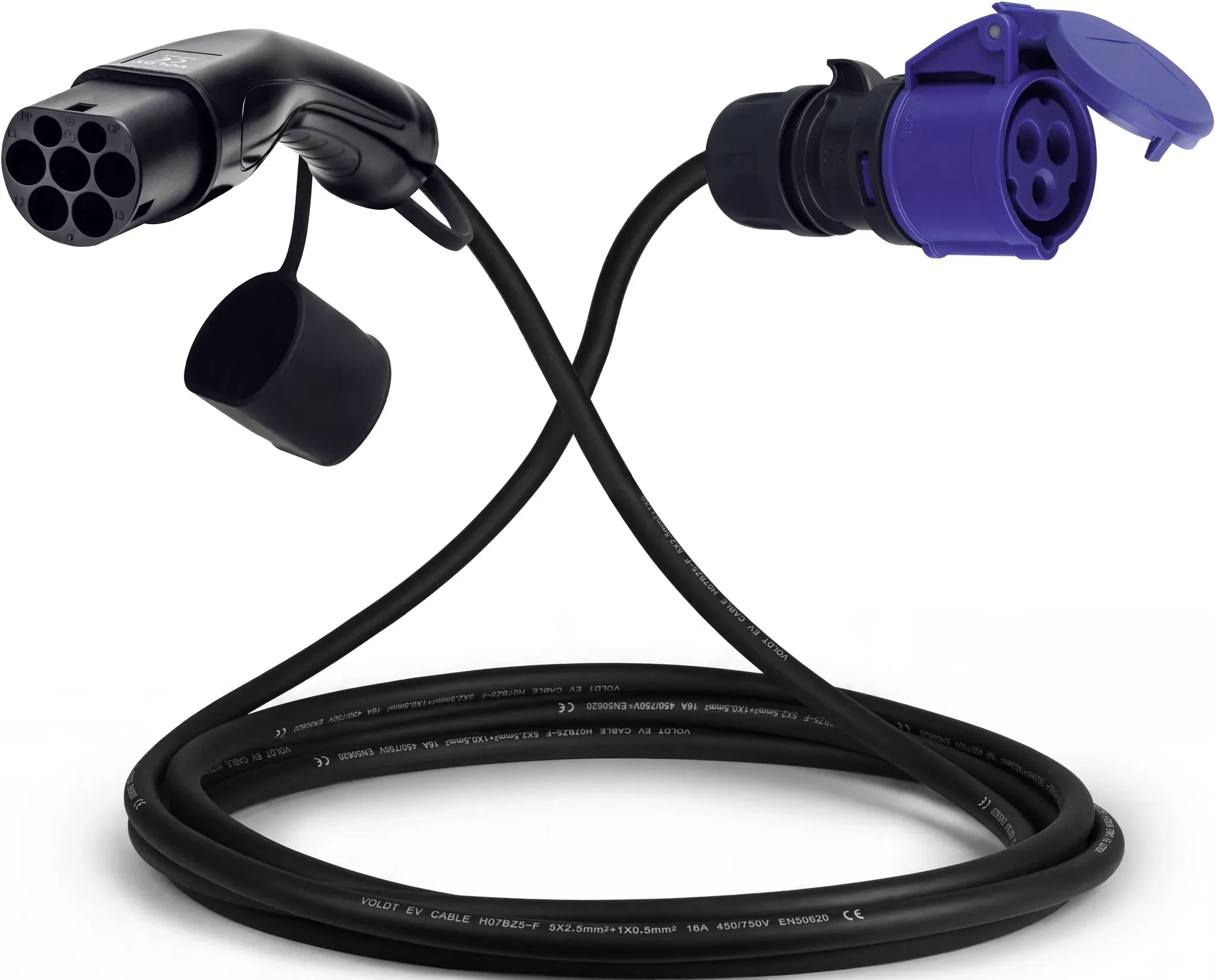 Voldt® Adapterkabel Typ 2 (Ladestationsseite) auf 16A 3-polige blaue CEE-Buchse | 2 Meter