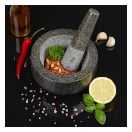 Relaxdays Granit Mörser mit Stößel, robust & langlebig, Gewürze, Kräuter, polierter Steinmörser, Ø 16 cm, 400 ml, grau