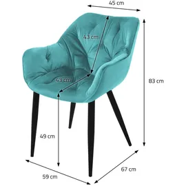 ML-Design Esszimmerstuhl Blau Metall, 67x83x59 cm, Esszimmer, Stühle, Esszimmerstühle 2er Set, Petrol, aus dickem Samtstoff