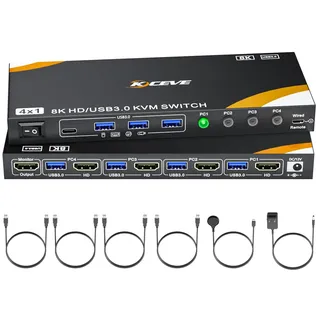 Camgeet HDMI KVM Switch 4 PC 1 Monitor 8K@60Hz, 4 Port HDMI 2.1 KVM Switch für 4 Computers teilen 1 monitor und 4 USB3.0 Geräte(Tastatur, Maus, Drucker), mit Wired Remote und 4 USB3.0 Kabeln