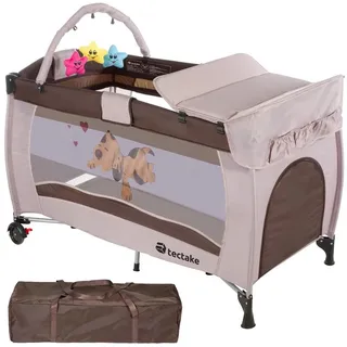 Tectake tectake® Kinder Reisebett, klappbar und höhenverstellbar, 2 Rollen mit Bremsen, inklusive Tragetasche, 132 x 75 x 104 cm